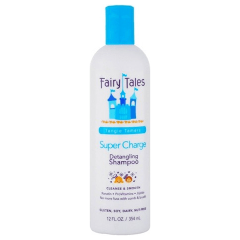 Bottle of Fairy Tales Super-Charge Detangling Shampoo by Pasteur Pharmacy with clear label, 12 fl oz size.