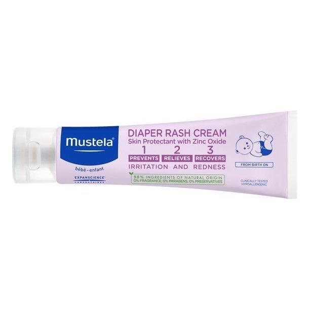 Mustela Diaper Rash Cream 123 with Zinc Oxide, 3.8 oz, in a tube showing the product packaging designed for soothing diaper rash.