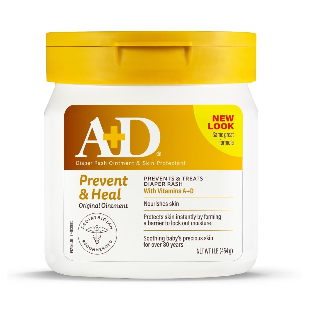 A+D Original Diaper Rash Ointment by Pasteur Pharmacy in a 1lb jar, skin protectant for diaper rash treatment on a white background.