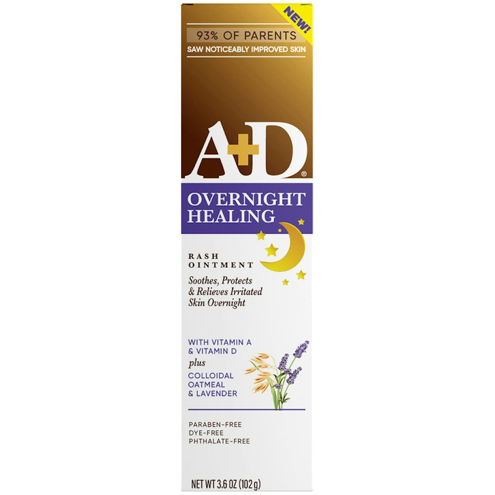 A+D Overnight Healing Diaper Rash Ointment in a 3.6 oz tube, designed for diaper rash treatment by Pasteur Pharmacy.