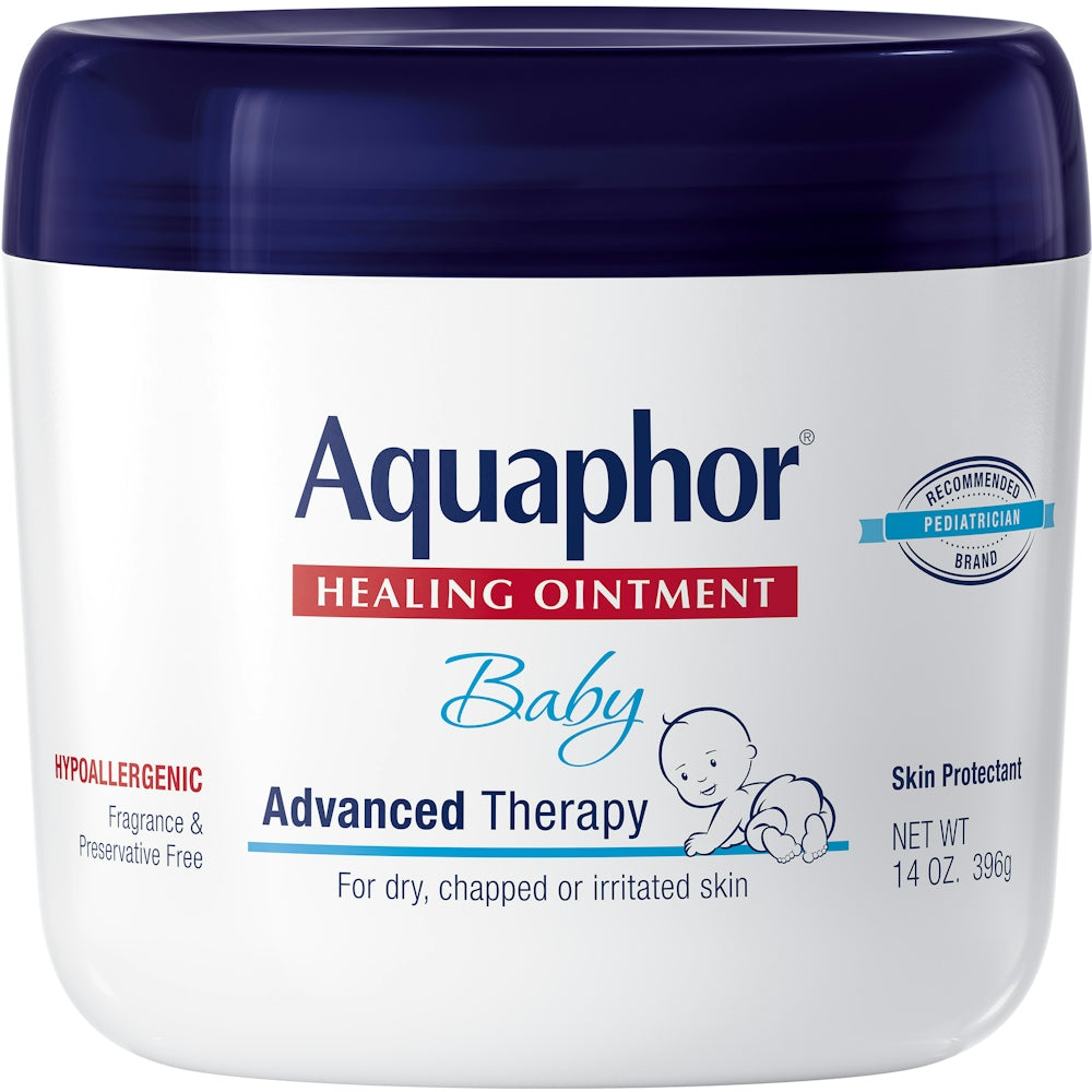 Aquaphor Baby Advanced Therapy Healing Ointment jar, 14 oz, diaper rash treatment and skin protectant from Pasteur Pharmacy.