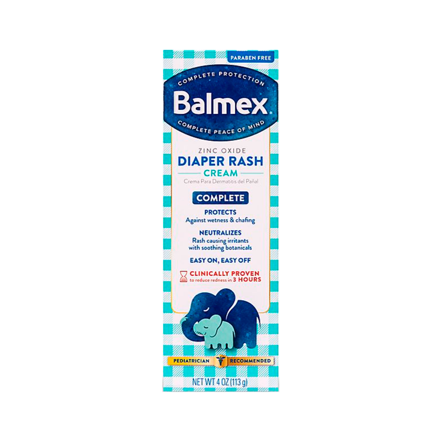 Balmex Complete Protection Baby Diaper Rash Cream in a 4 oz tube, used for soothing and preventing diaper rash in infants.