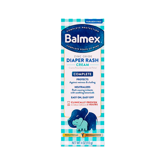 Balmex Complete Protection Baby Diaper Rash Cream in a 4 oz tube, used for soothing and preventing diaper rash in infants.