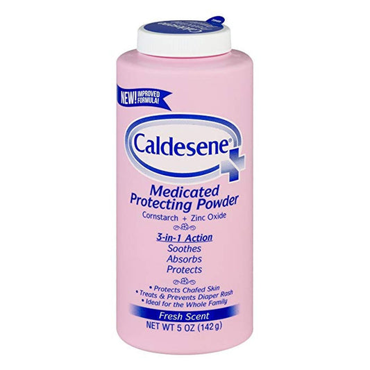 Caldesene Medicated Protecting Powder with cornstarch and zinc oxide for baby diaper rash treatment in a 5 oz container.