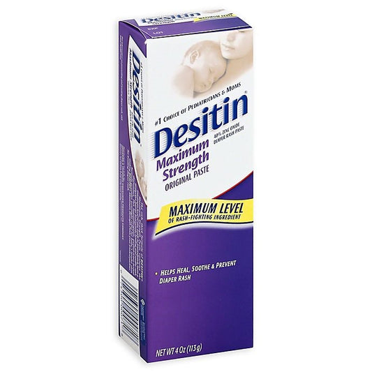 Desitin Maximum Strength Baby Diaper Rash Cream with 40% Zinc Oxide, hypoallergenic diaper rash treatment paste in 4 oz jar.