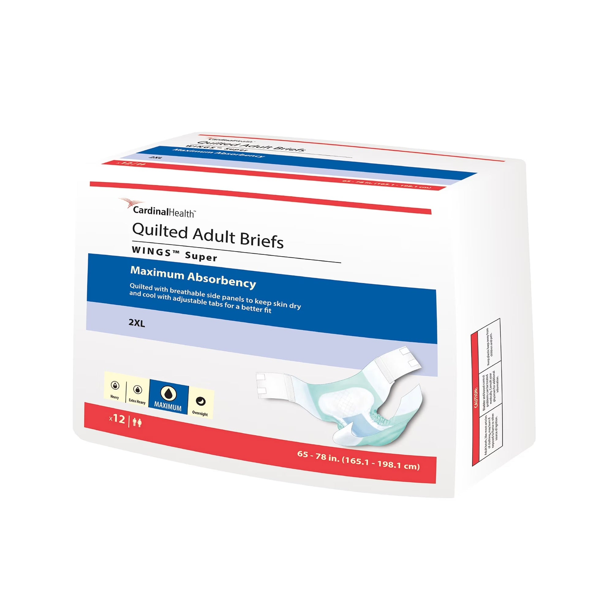 Covidien Cardinal Wings Super Quilted Adult Incontinence Briefs in 2X-Large, heavy absorbency, 12-count pack, designed for comfort and protection.