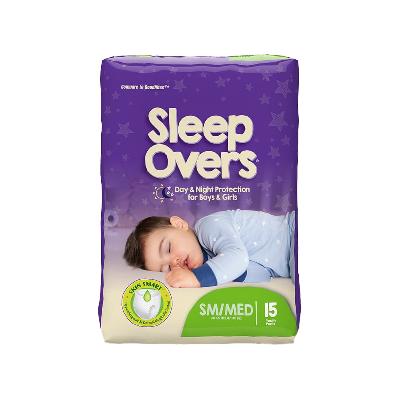 Cuties Sleep Overs unisex absorbent underwear for small/medium size, 15-pack, designed for overnight comfort and protection.