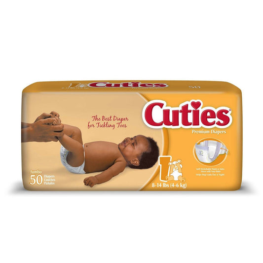 First Quality Cuties baby diapers in size 1 for 8-14 lbs, 50-count, featuring soft, absorbent infant diaper design from Pasteur Pharmacy