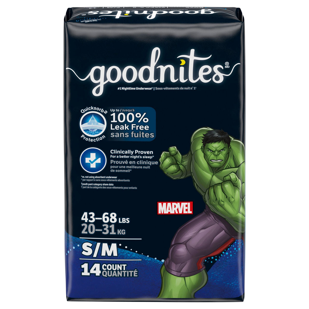 GoodNites Boys Marvel nighttime underwear in size S/M for 43-68 lbs, featuring Marvel superhero design and comfortable fit.