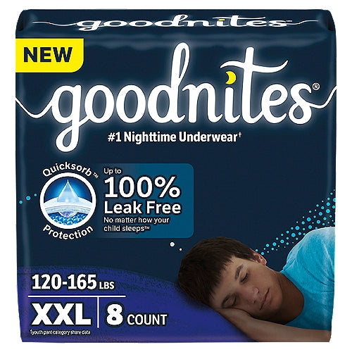 Goodnites Nighttime Underwear for boys, XX-Large diaper pack by Pasteur Pharmacy, 8-pack, designed for overnight comfort and protection.