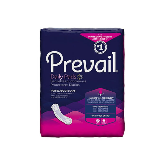 Prevail bladder control pads, moderate absorbency, long size, in a package with the Pasteur Pharmacy branding.