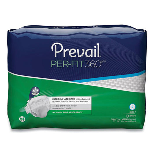 Prevail Per-Fit360 Degree Briefs in size 2 with maximum absorbency, designed for waist 45-62 inches, shown in this image.