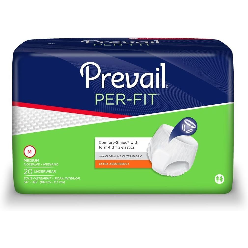 Pack of Prevail Underwear Per-Fit Medium size diapers by Pasteur Pharmacy, 4x20 count box, designed for comfortable incontinence protection.