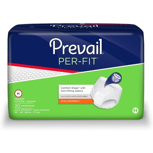 Pack of Prevail Underwear Per-Fit Medium size diapers by Pasteur Pharmacy, 4x20 count box, designed for comfortable incontinence protection.