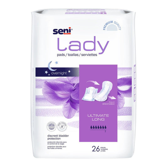 Seni Lady Ultimate Pads Long in packaging, adult incontinence diapers by Pasteur Pharmacy, designed for comfort and protection