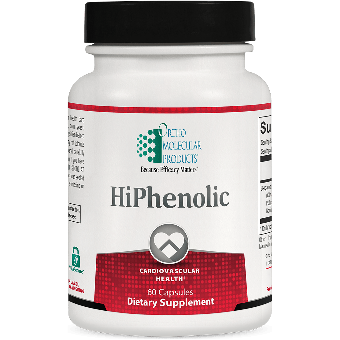 Ortho Molecular HiPhenolic dietary supplement capsules in a bottle, natural ingredients for health support.