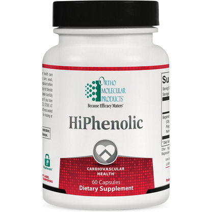 Ortho Molecular HiPhenolic dietary supplement capsules in a bottle, natural ingredients for health support.