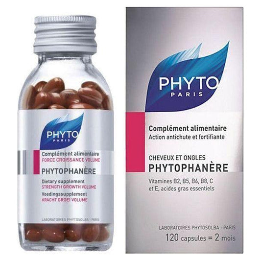 Phyto Phytophanere dietary supplement for hair and nails in a 120-count bottle, featuring capsules and supplement packaging.