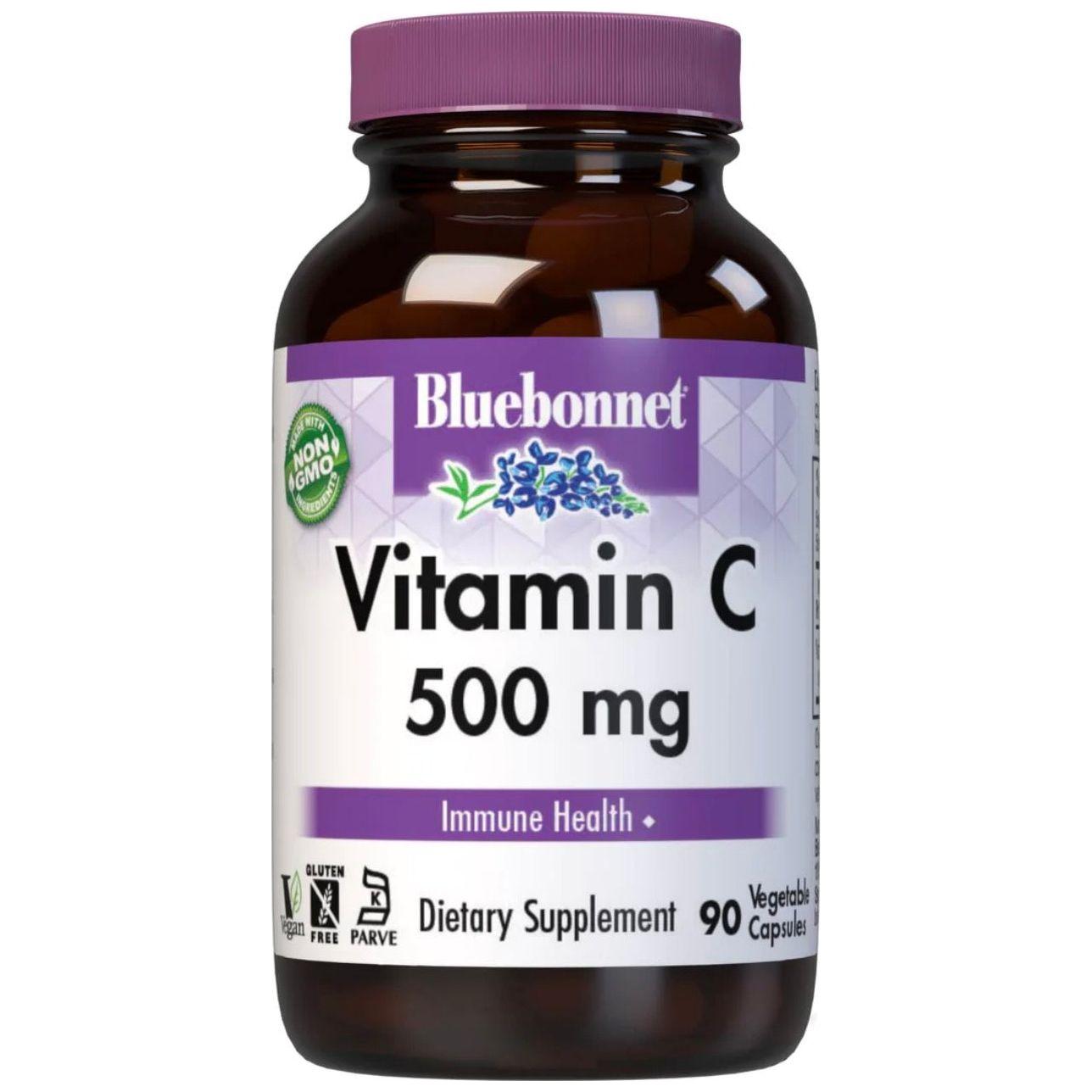 Blue Bonnet C-500 dietary supplement in 90 vegetable capsules, natural vitamin C supplement from Pasteur Pharmacy.