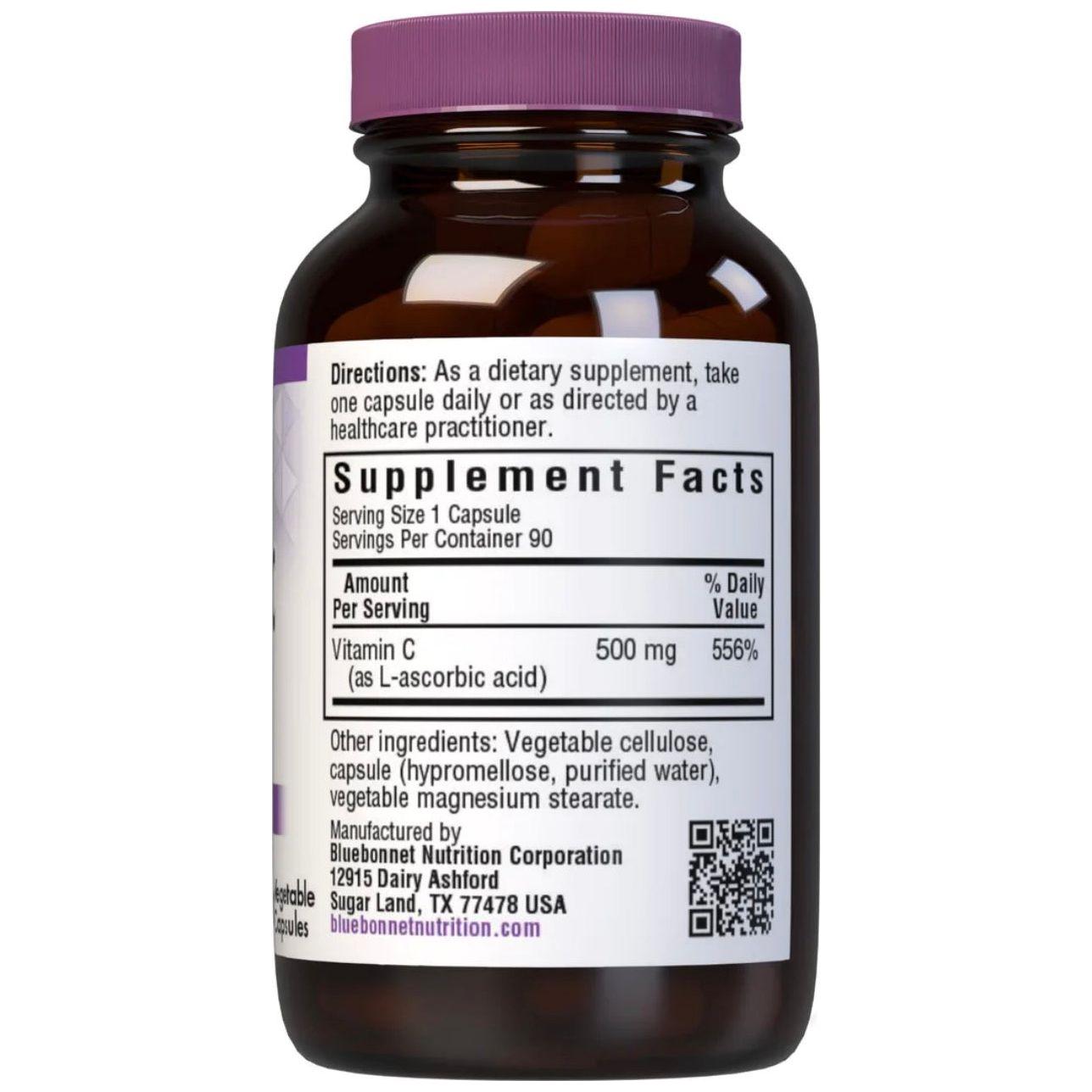 Blue Bonnet C-500 dietary supplement capsules in a bottle, featuring 90 vegetable capsules for immune support.