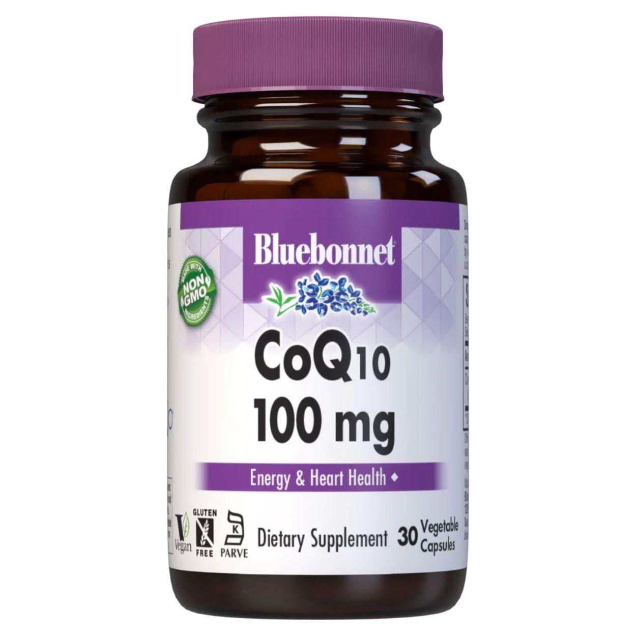 Bluebonnet CoQ10 100 mg vegetarian softgels, dietary supplement in a clear bottle with softgel capsules visible inside.