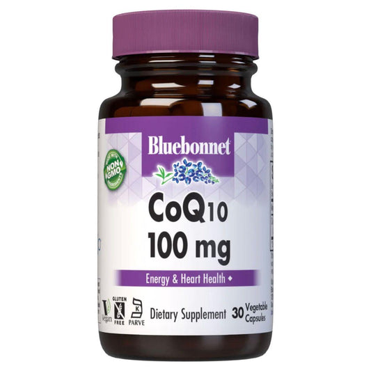 Bluebonnet CoQ10 100 mg vegetarian softgels, dietary supplement in a clear bottle with softgel capsules visible inside.