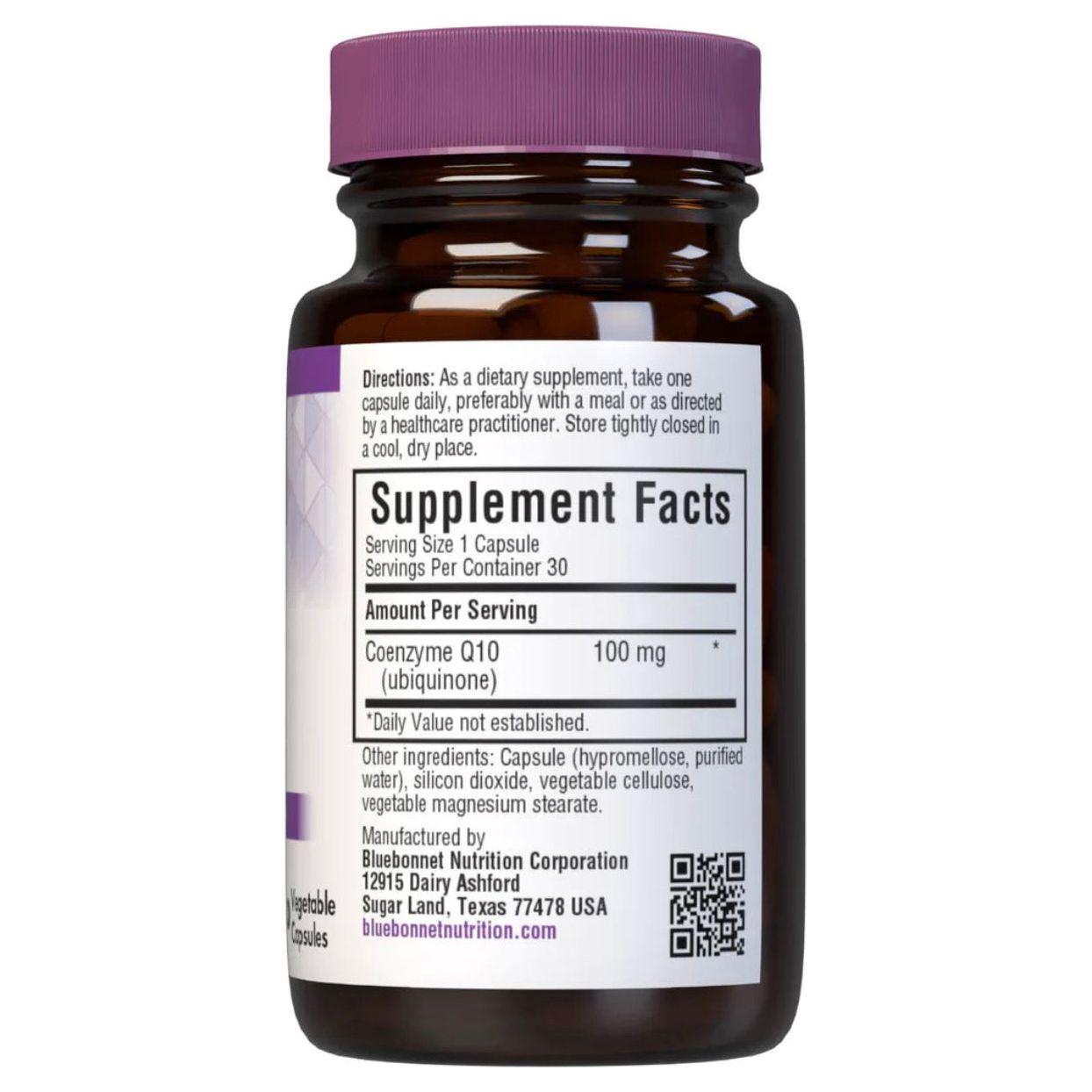 Bluebonnet CoQ10 100 mg vegetarian softgels supplement in clear bottle, labeled with product details, on a white background