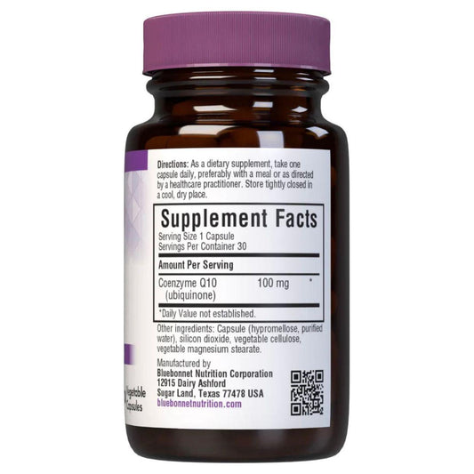 Bluebonnet CoQ10 100 mg vegetarian softgels supplement in clear bottle, labeled with product details, on a white background