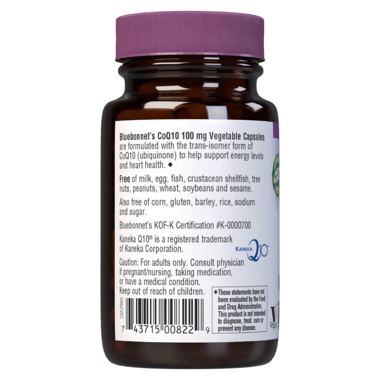 Bluebonnet CoQ10 100 mg vegetarian softgels, dietary supplement bottle with 30 softgel capsules.