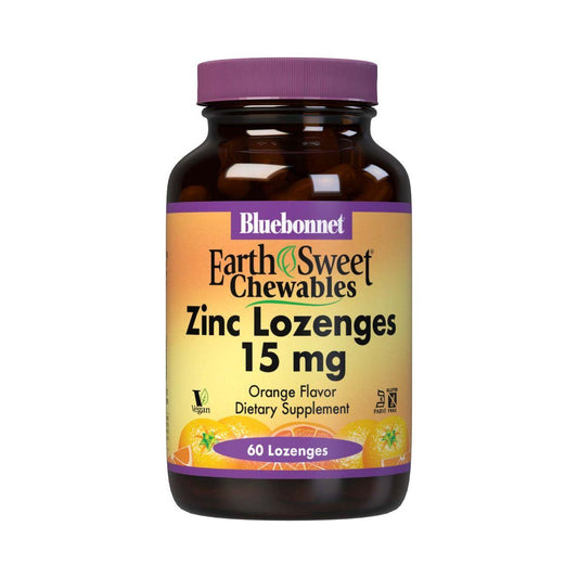 Bluebonnet EarthSweet Zinc Orange Flavor dietary supplement lozenges by Pasteur Pharmacy, showing orange-flavored zinc lozenges in a blister pack.