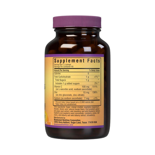 Bluebonnet EarthSweet Zinc lozenges in orange flavor, dietary supplement by Pasteur Pharmacy, showing 60 lozenges in the package