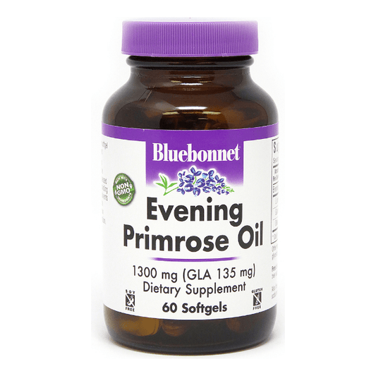 BlueBonnet Evening Primrose Oil softgels in a bottle, 1300 mg dietary supplement, 60 softgels, by Pasteur Pharmacy.