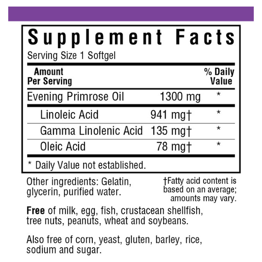BlueBonnet Evening Primrose Oil softgels in a bottle, dietary supplement with 1300 mg, 60 softgels, from Pasteur Pharmacy.