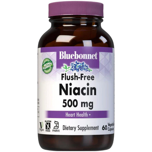 Bluebonnet Flush Free Niacin 500 mg dietary supplement capsules in a clear bottle, showing 60 vegetable capsules for healthy skin and energy.