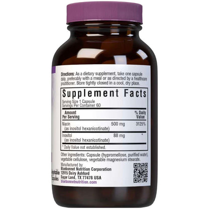 Bluebonnet Flush Free Niacin 500 mg dietary supplement capsules in a clear container, designed for health and wellness.