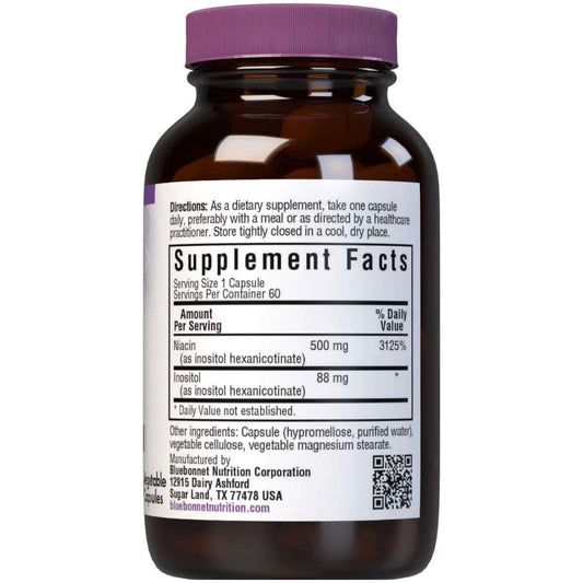 Bluebonnet Flush Free Niacin 500 mg dietary supplement capsules in a clear container, designed for health and wellness.
