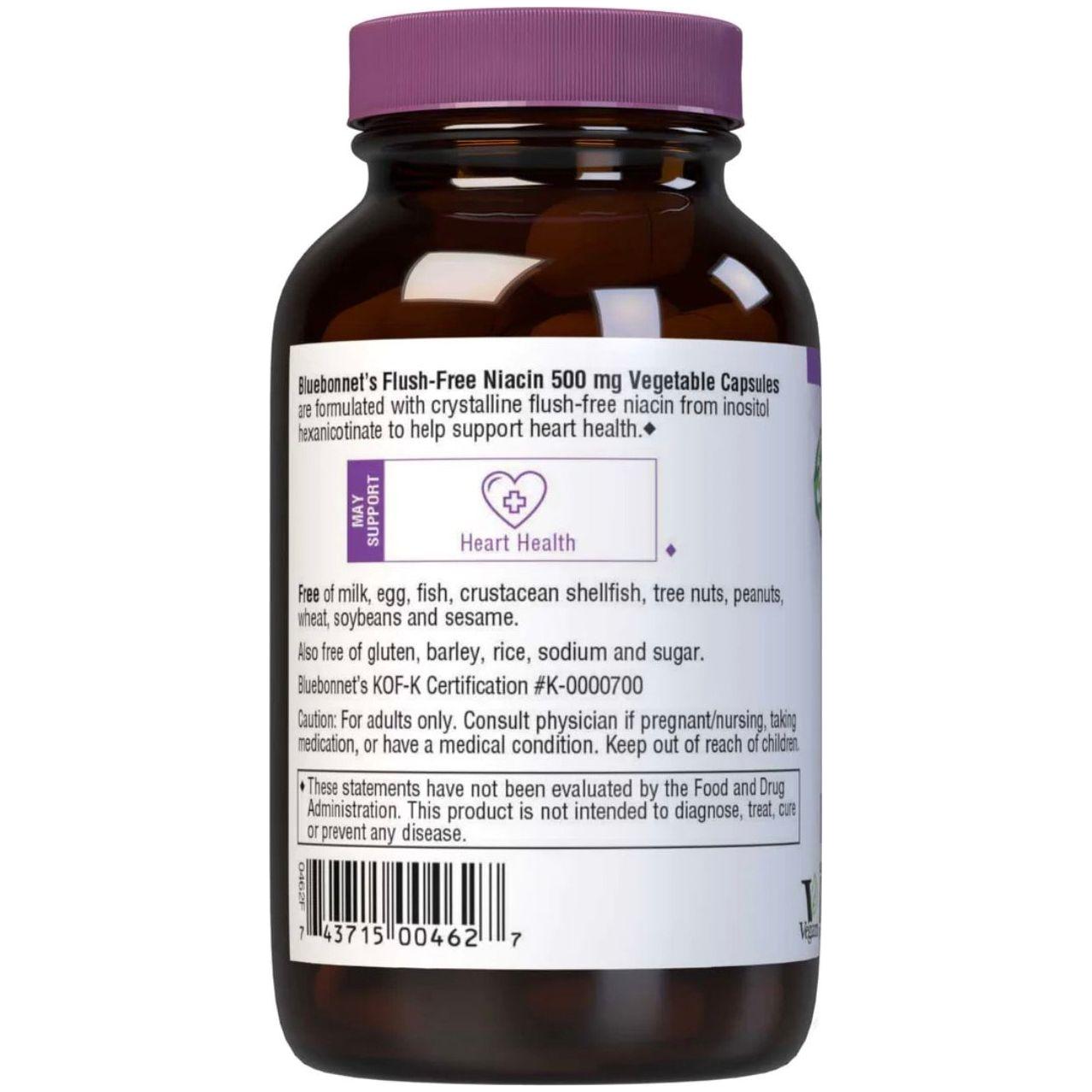 Bluebonnet Flush Free Niacin 500 mg dietary supplement capsules in a bottle, designed for health and wellness.