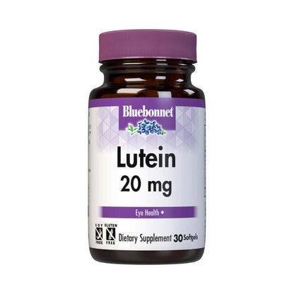 BlueBonnet Lutein Softgels dietary supplement bottle with 30 softgel capsules, 20 mg of lutein for eye health.
