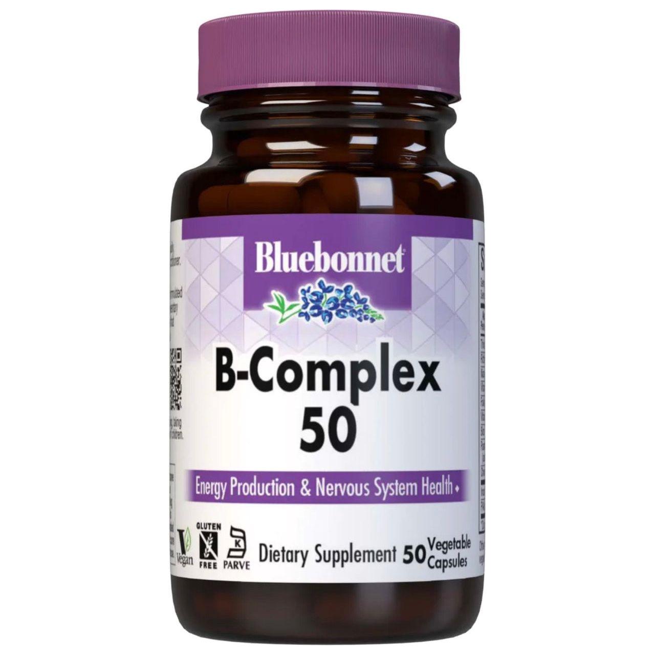 Bluebonnet Nutrition B-Complex 50 high potency dietary supplement capsules in a jar, with 100 vegetable capsules.