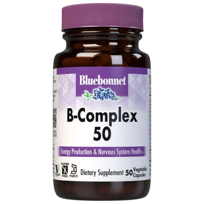 Bluebonnet Nutrition B-Complex 50 high potency dietary supplement capsules in a jar, with 100 vegetable capsules.