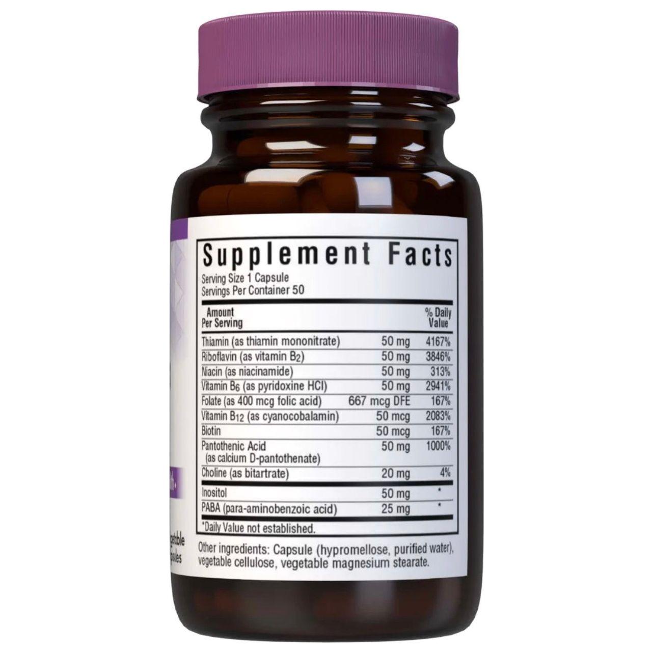 Bluebonnet Nutrition B-Complex 50 dietary supplement bottle with 100 vegetable capsules, high potency B-vitamin complex.