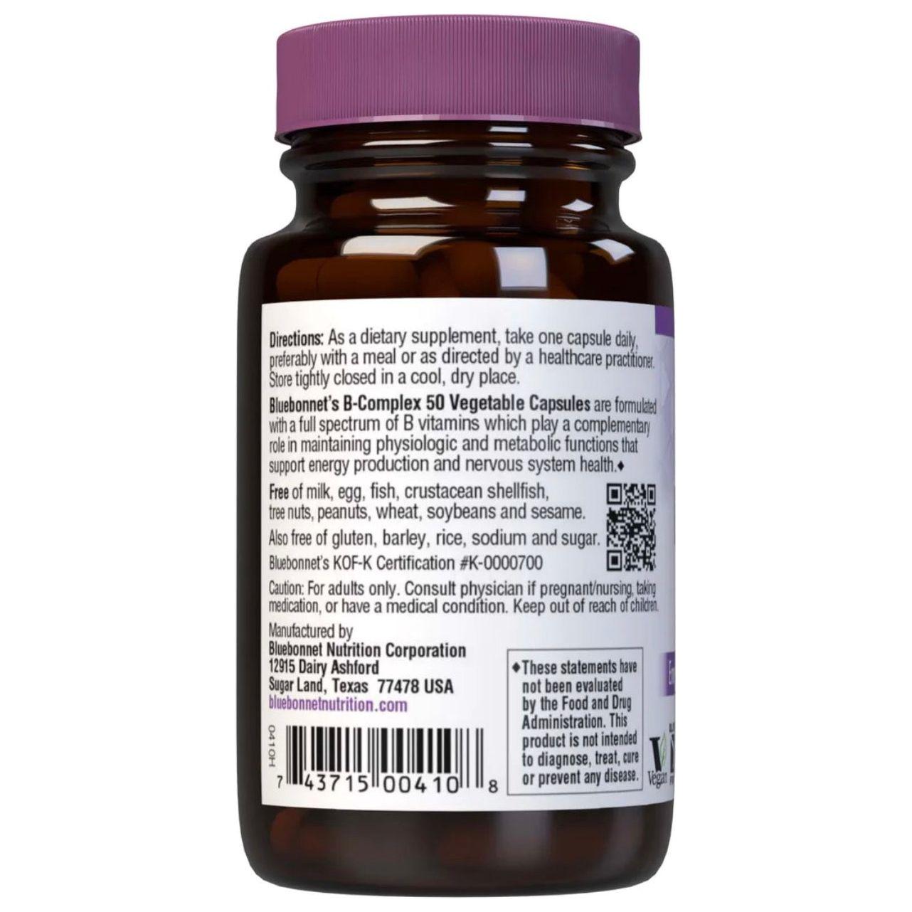 Bluebonnet Nutrition B-Complex 50 high potency dietary supplement capsules in a clear bottle, designed for energy and overall health.
