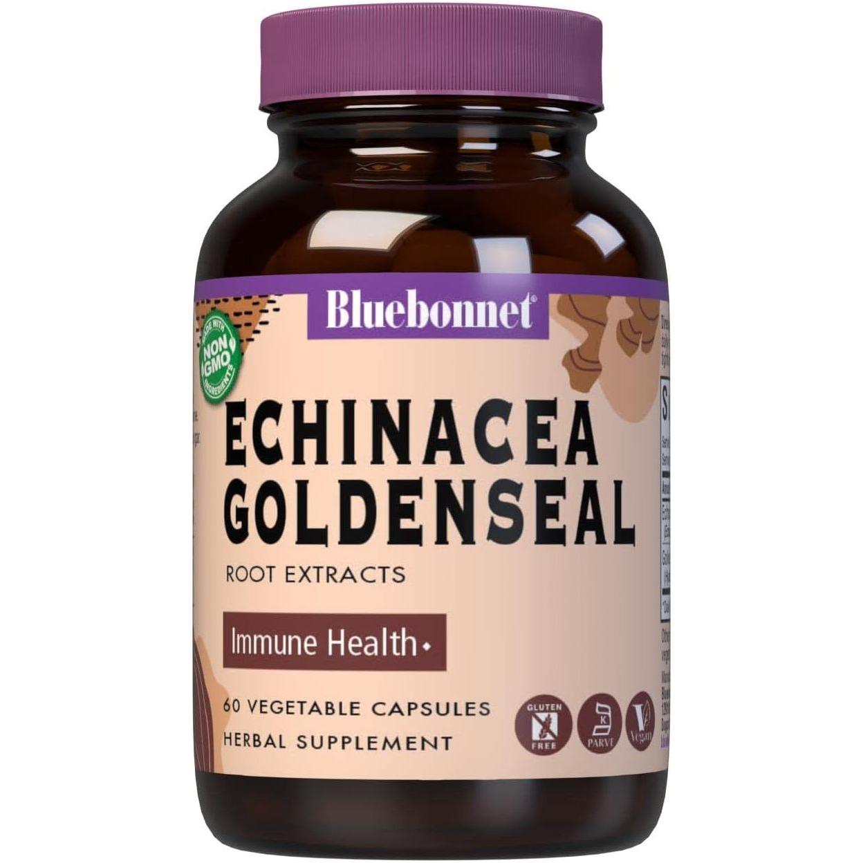 Bluebonnet Standardized Echinacea Root Extract dietary supplement capsules in a clear bottle, 200 mg, 60 vegetable capsules.