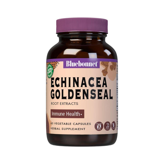 Bluebonnet Echinacea Goldenseal Root Extract dietary supplement capsules in a bottle, made by Pasteur Pharmacy.