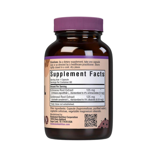 Bluebonnet Echinacea Goldenseal Root Extract dietary supplement capsules in a bottle, natural herbal health product.