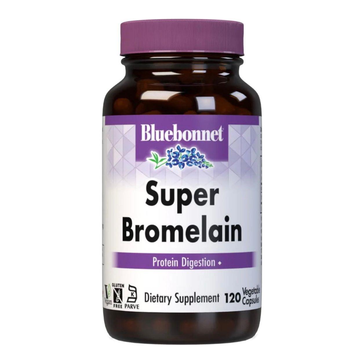 Bluebonnet Super Bromalain 500mg dietary supplement capsules in a bottle, with 120 vegetable capsules for digestive support.