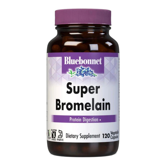 Bluebonnet Super Bromalain 500mg dietary supplement capsules in a bottle, with 120 vegetable capsules for digestive support.
