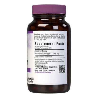 Bluebonnet Super Bromalain 500mg dietary supplement capsules in a clear bottle, showing 120 vegetable capsules on the label.