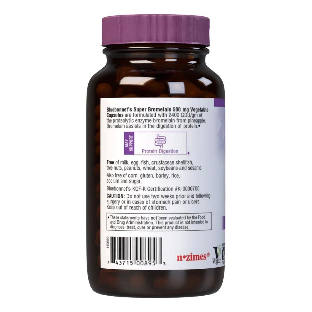 Bluebonnet Super Bromalain 500mg dietary supplement capsules in a bottle, designed for digestive health and enzyme support.