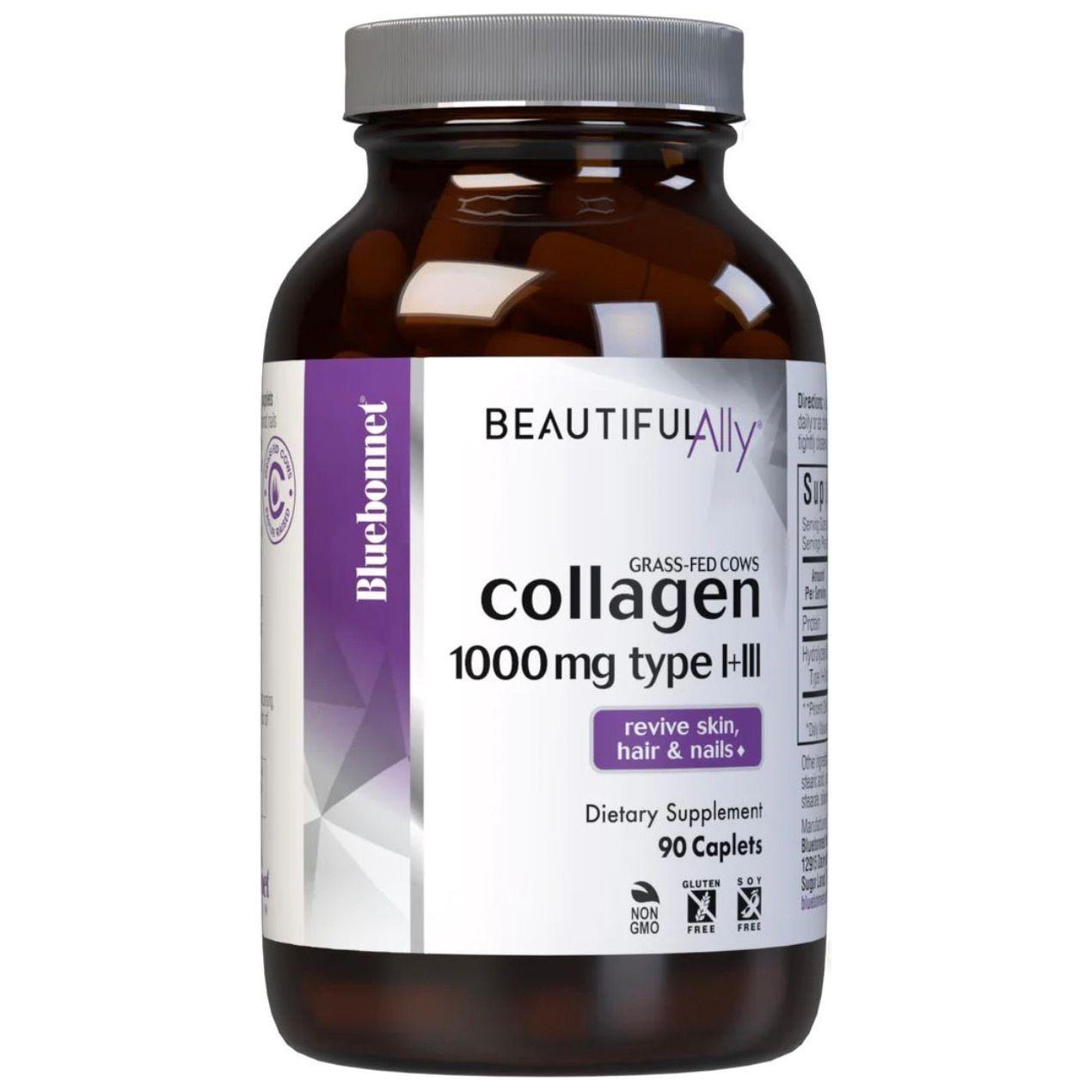 Bluebonnets Beautiful Ally Collagen 1000 mg dietary supplement caplets, 90 count, with bluebonnet flowers and collagen capsules.